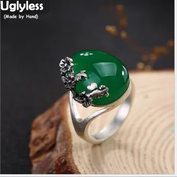 

Uglyless Real 990 Silver Fine Jewelry Women Noble Black Chalcedony Dress Rings Handmade Engraved Plum Flower Finger Ring Bijoux