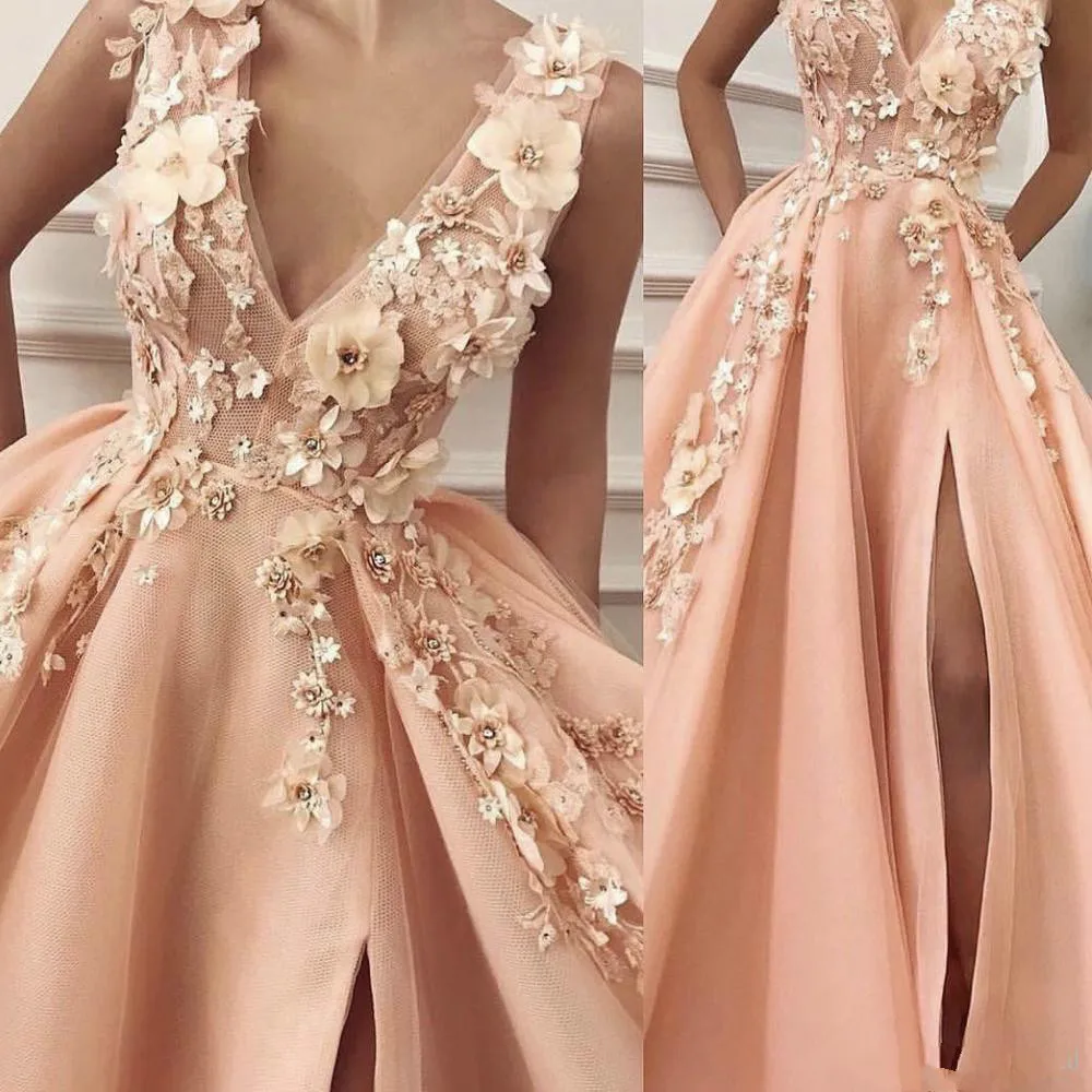 

Peach Robe De Soiree 2019 Ball Gown V-neck Tulle Flowers Beaded Slit Sexy Long Party Prom Dresses Prom Gown Evening Dresses