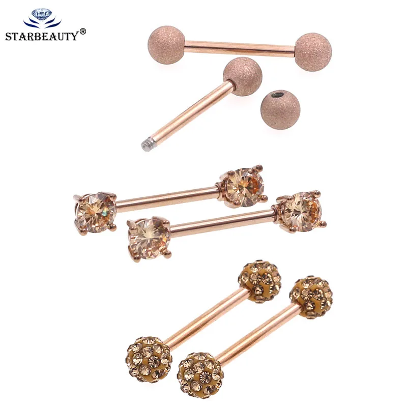 

2Pcs New Style Rose Gold Crystal Surgical Steel NipplePiercing 14G Starght Bar Lip Bar Stud Nose Ear Nipple Ring Hoop