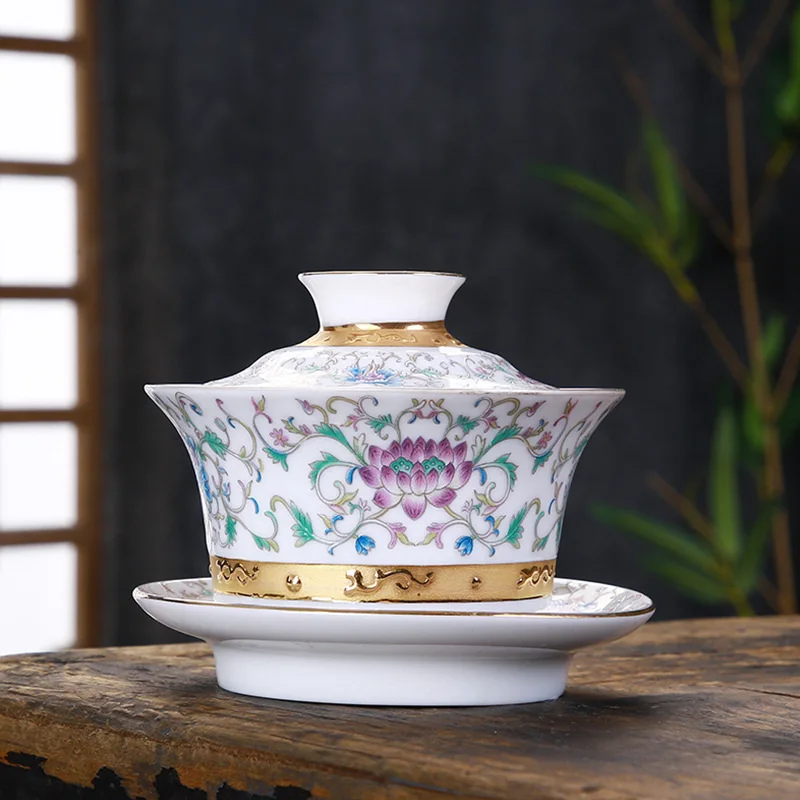 Серебряная фарфоровая чаша Gaiwan, Набор чашек ручной работы, пион, цветок лотоса, керамическая супница, китайский чайный сервиз Кунг-фу, чашка gaiwan, блюдце, крышка - Цвет: Picture color