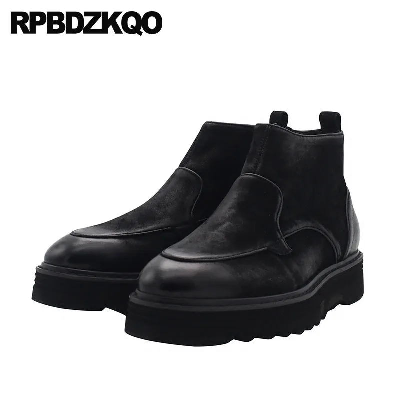 

Thick Soled Full Grain Leather Black Platform Retro Boots Zipper Booties Vintage High Sole Shoes Men 2018 Designer Ankle Short