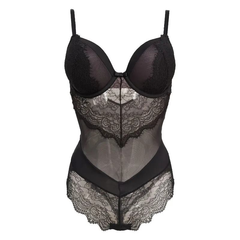 

Black Lace See-through Gauze Women Sexy One Piece Bodysuit Spaghetti Strap Sexy Lingerie Sleeveless Teddy underwear Gift SLA013