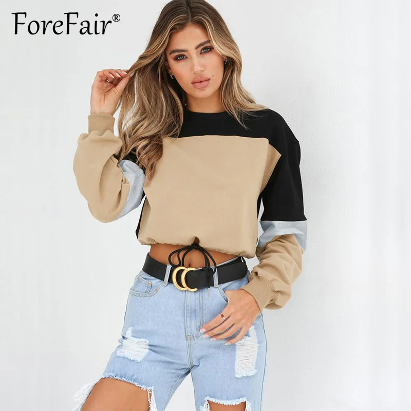

Forefair Casual Hoodies Autumn Winter 2018 Cotton Women Sweatshirt Long Sleeve Round Neck Fashion Patchwork Pullovers Hoodie