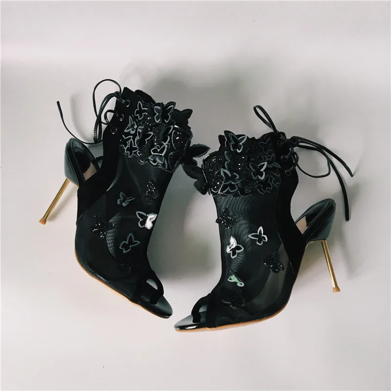 Женские летние ботильоны из сетчатого материала; Botas; Украшенные объемными бабочками; обувь на высоком тонком каблуке с перекрестной шнуровкой; Sandalias Zapatillas Chaussures