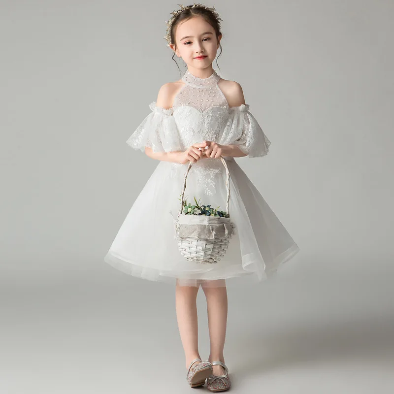 

Off Shoulder Halter White Flower Girl Dresses for Wedding Appliques Princess Party Dress Ball Gown Holy Communion Dress B469
