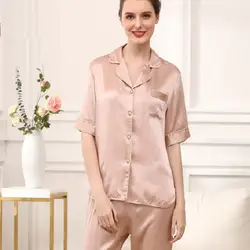 Женские пижамы наборы 100% шелк плюс размер Лето 2019 новые женские шелковые пятна Твердые Топы с коротким рукавом и брюки два предмета наборы