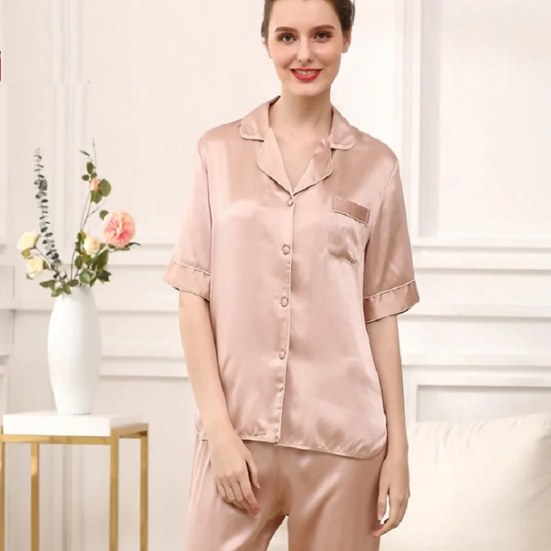 Vrouwen Pyjama Sets 100% Zijde Plus Size Zomer 2019 Nieuwe Lady Silk Stain Solid Korte Mouw Tops en Broek twee Stukken Sets Vrouwen Pyjama Sets 100% Zijde Plus Size Zomer 2019 Nieuwe Lady Silk Stain Solid Korte Mouw Tops en Broek twee Stukken Sets
