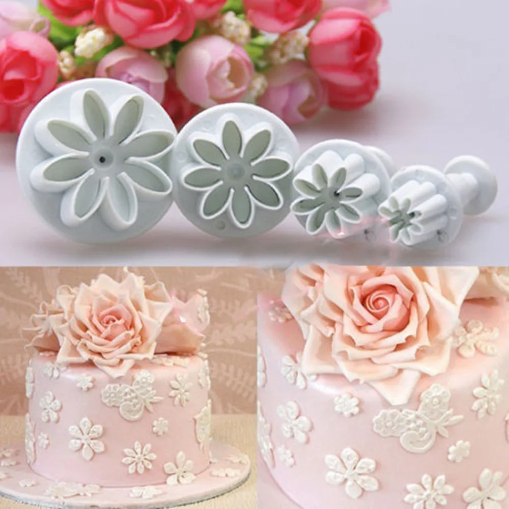 4Pcs/Set Daisy Flower Cookie Sunflower Plunger Cake decorating tools Cupcake Kitchen fondant Kitchen accessories Cake mold Stand