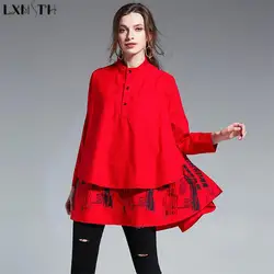 LXMSTH длинная рубашка для женщин хлопок 100% дамы блузка 2019 плюс размеры с длинным рукавом и стоячим воротником Винтаж печатных свободные