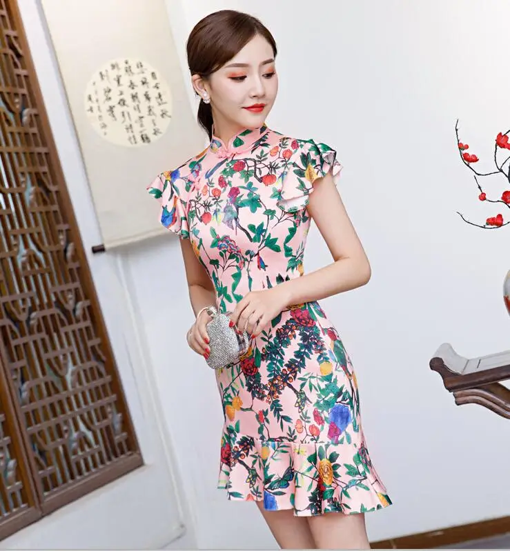 С рукавом бабочкой для женщин Винтаж Короткие Кнопка ручной работы Cheongsam Новинка китайский стиль воротник стойка платье дамы Qipao S-XXL - Цвет: 2