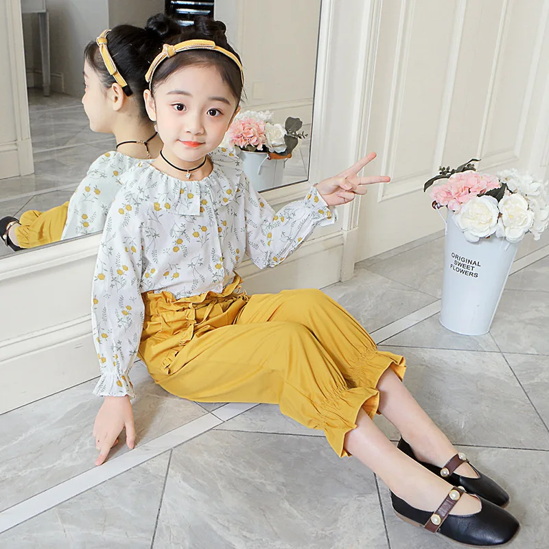 

spring 2019 Kids Fashion Girls Clothing Sets 2Pcs Floral Shirts+Pants Suits Teenage Girls Clothes Sets 10 12 Years
