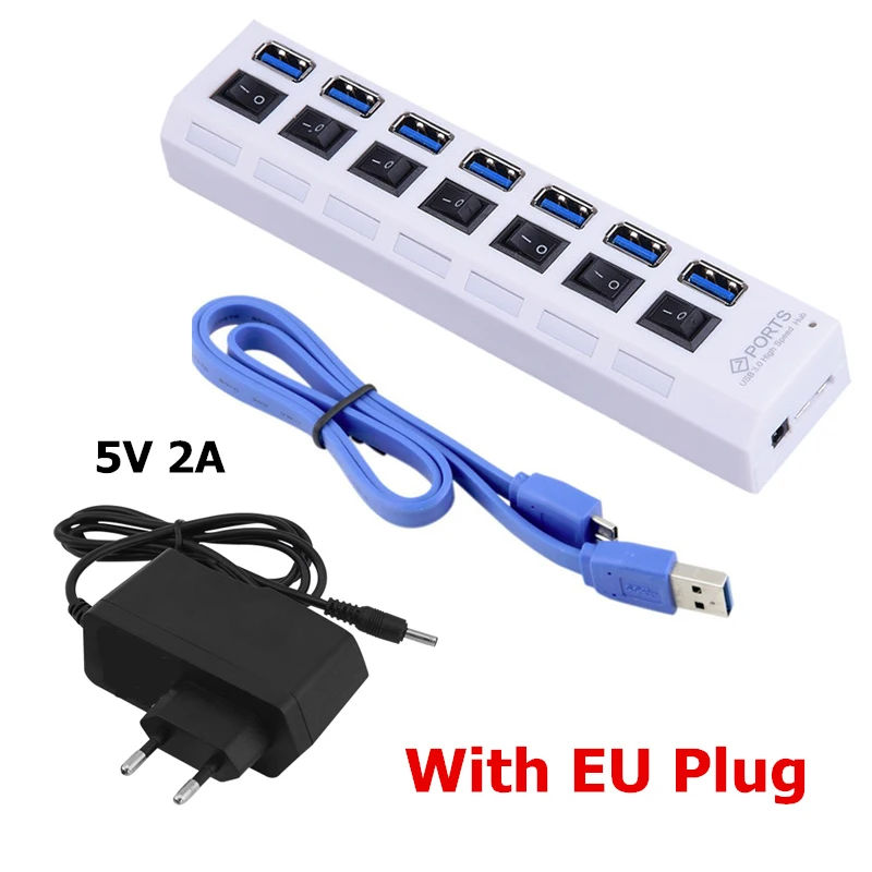 White and EU Adapter USB HUB 3,0 7 Порты и разъёмы USB 3,0 концентратор разветвитель с Мощность адаптер USB hab высокое Скорость 5 Гбит/с многопортовый usb-адаптер для macbook pro портативных ПК - Цвет: White and EU Adapter