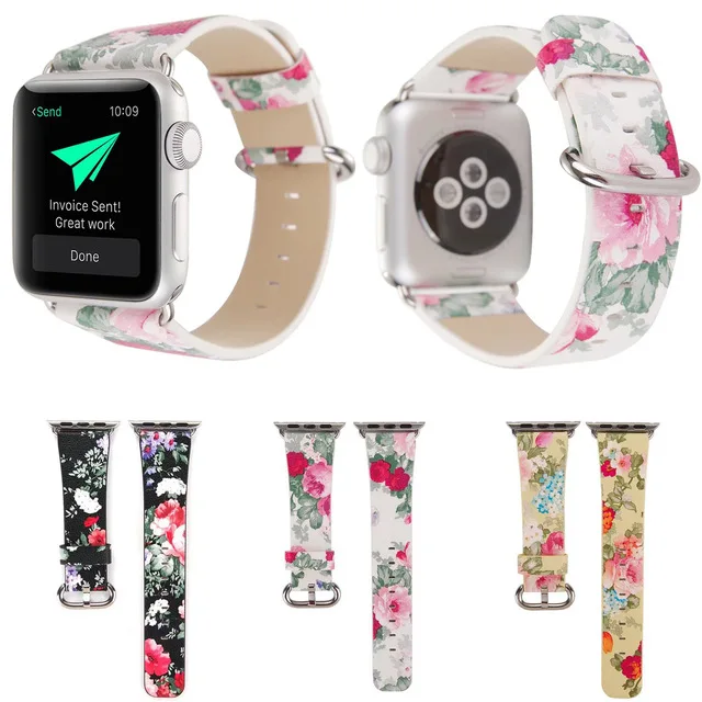 

Summer refreshing Flower Print Leather Wrist Strap for iWatch Apple Watch Band 42mm 38mm Series 1/2/3 Strap WatchBand
