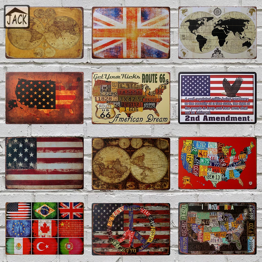 

Map USA Flag Plate Man Cave 20x30cm Retro Poster Metal Tin Signs Vintage Plaque Paintings Advertising Shop Bar Garage Wall Decor