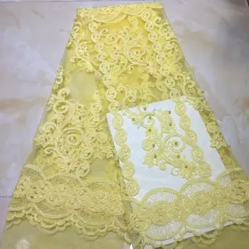 

Latest Nigerian Laces Fabrics High Quality Yellow Gold Line African Laces Fabric for Wedding Dress French Tulle Lace with Beads