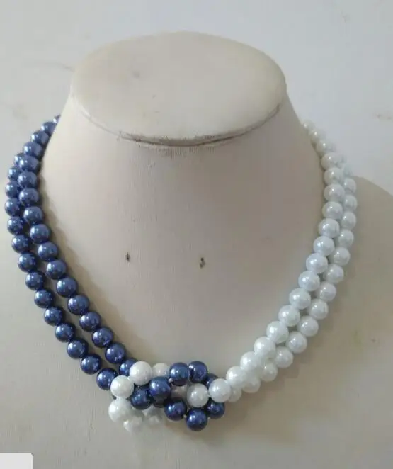 

Woman classic jewelry 8mm 2 layers necklace white dark blue round bead Natural SOUTH SEA SHELL PEARL NECKLACE