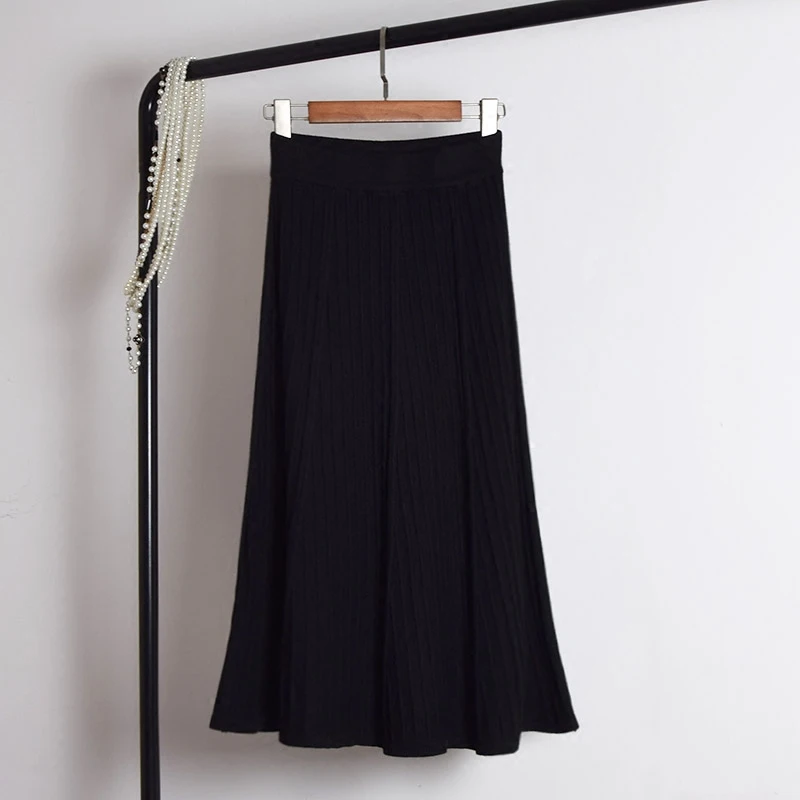 Новинка, плиссированные трапециевидные женские юбки для девочек, вязаная Длинная женская юбка, 8SK040 - Цвет: Черный
