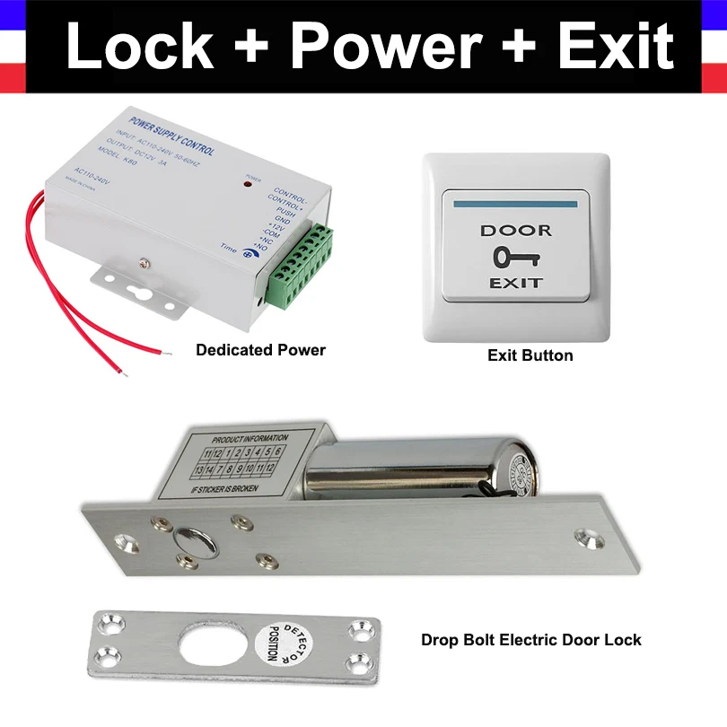 ФОТО Drop Bolt Electric Mortise Door Lock + Power Supply box + Door Exit Button for Video doorbell Door Access Control System 