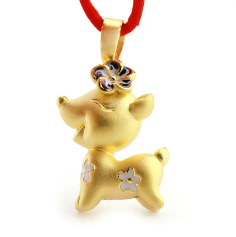 

Fine 999 24K Yellow Gold 3D Cute Lucky Flower Sika Deer Pendant / 2.5g
