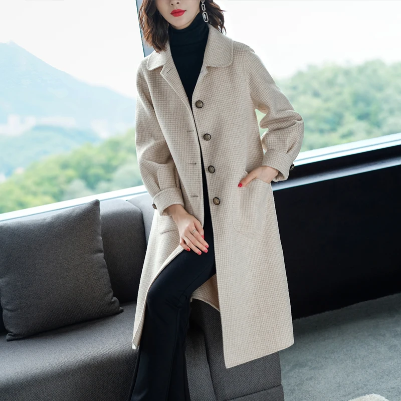 

HANZANGL Winter wool coats 2018 Thousands of birds plaid double-faced cashmere coat red/beige high-end female long woolen coat