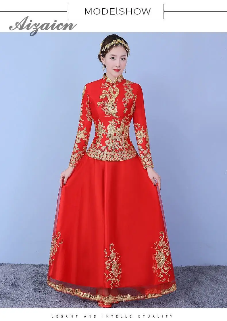 2019 nuevo rojo chino tradicional boda Vestido Qipao traje largo Rouge Vestidos de noche bordado Cheongsam Vestidos Chinoise