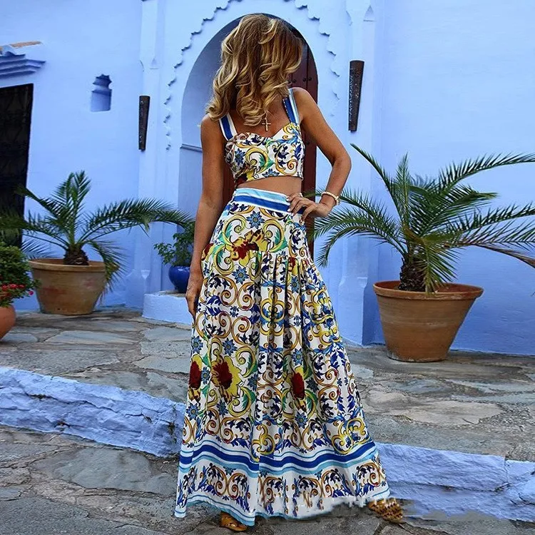 2019 Boho новый женский костюм из двух предметов, сексуальный укороченный топ, длинная юбка с цветочным принтом, костюмы, богемный повседневный