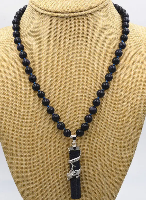 

HOT charming 8mm Blue bead Dragon Pendant Necklace 18 " AAA