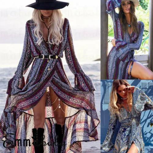 

Hirgin Women Summer Boho Long Dress Floral Evening Party Beach Loose Sundress