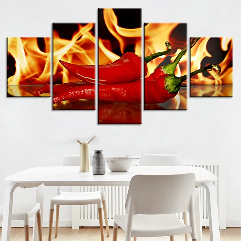 Happy Eating Time Posters 5 Pieces Wall Canvas Paintings Flame Chili Kitchen Wall Art Posters Dining Room Home Decor Framework (5)
