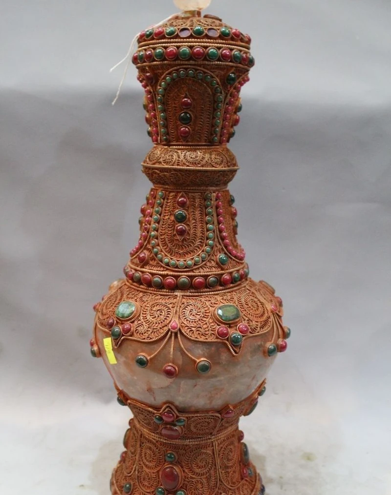 

19"China Natural Crystal Original Carving Ruby beryl Gem JarTank Crock Pot Vase