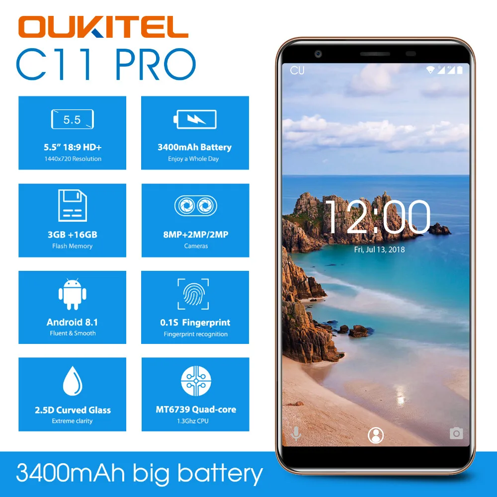 

OUKITEL C11 Pro 4G LTE Smartphone 5.5" 18:9 Android 8.1 MTK6739 Quad Core 3G RAM 16G ROM 8MP+2MP/2MP Fingerprint Mobile Phone