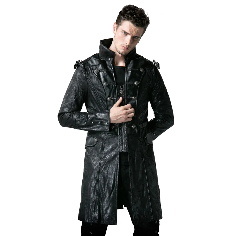 Steampunk Faux Leather Men's Army Uniform Long Jackets Gothic Stand Collar Black Coats Casual