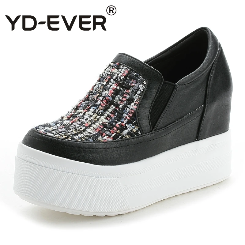 

YD-EVER super high heel women Casual Shoes platform wedge shoes height increasing plaid patchwork leather sneakers loafers 66