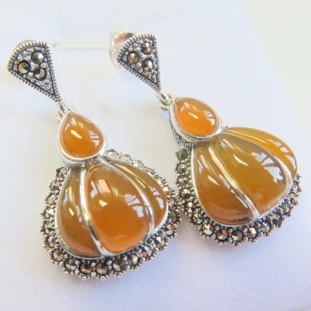 New 925 Sterling Silver With Yellow Jade Pumpkin Dange Earrings New 925 Sterling Silver With Yellow Jade Pumpkin Dange Earrings Hallmark S925