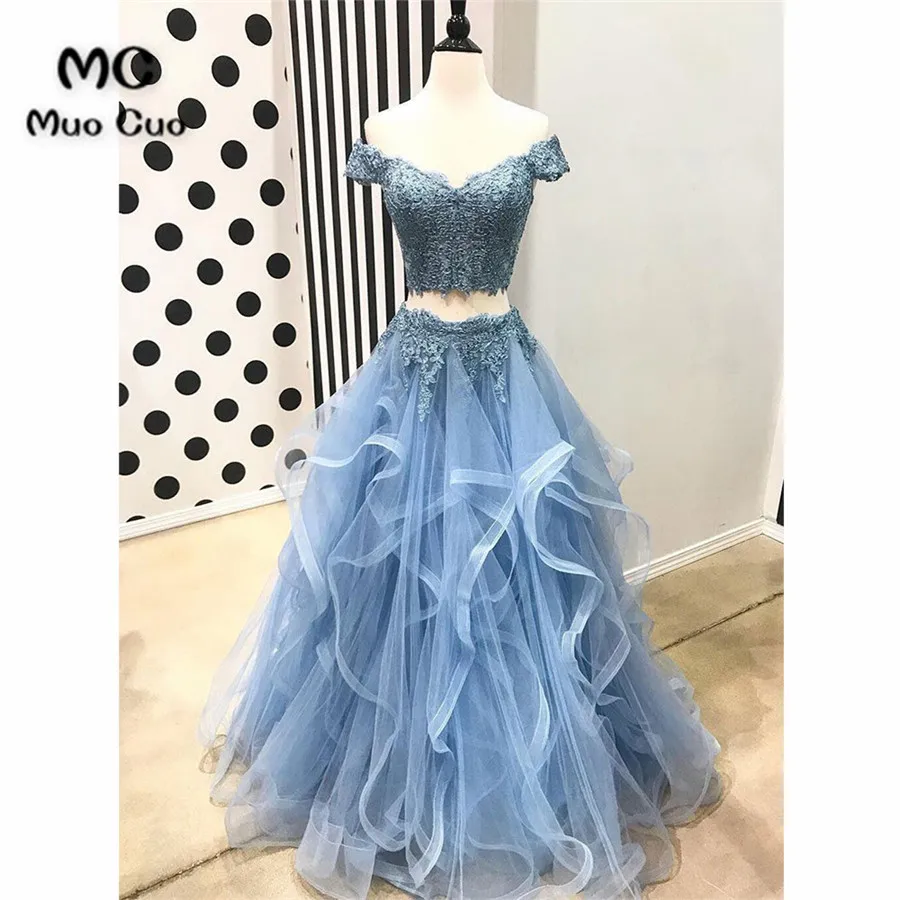 

New 2018 Two Pieces Gown Off Shoulder Prom Dresses Long with Appliques Short Sleeves Formal Beaded Evening Dresses for women