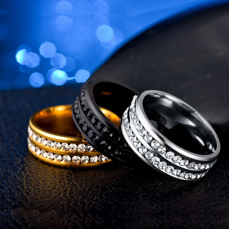 

New Fashion Stainless Steel Inlay Rhinestone Wedding Bands Gold Color For Couples Lovers Promise Rings For Men Women anillos