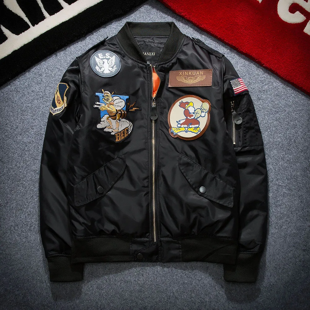 Мужская униформа пилота ВВС в европейском и американском стиле для студентов хип-хоп костюмы с эмблемой куртки с хлопковой подкладкой - Цвет: Черный