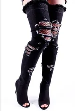 Sexy Blue Denim Women High Boots Peep Toe Ripped Cut-out Over The Knee Thigh High Boots Plus Size 43 Ridding Boots Customized jeans denim gladiator fringe blue over the knee high thigh high autumn boots sexy open toe chunky heel women boots
