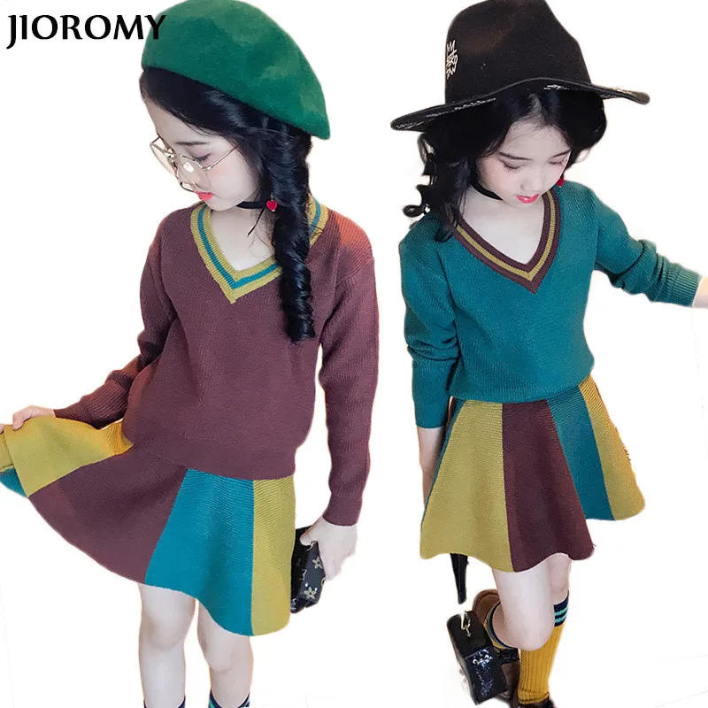 

JIOROMY Girls Clothes Set 2017 New Autumn Knitting Korean V-collar Casual Shirt + Hit Color Wool Skirt 2 Pcs Suits for Girls