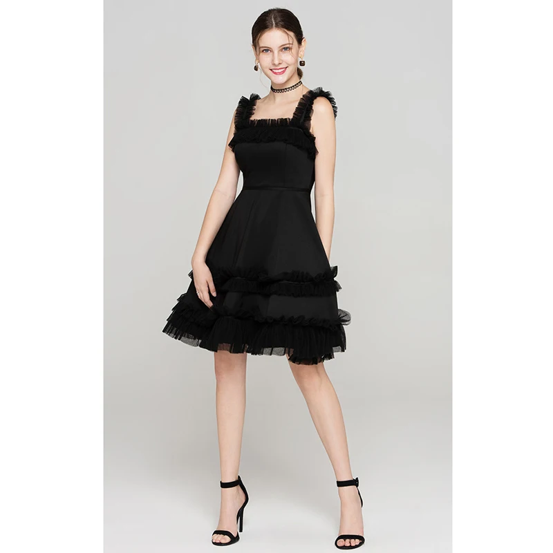 tulle ruffle shoulder straps open back sleeveless fit and flare sexy short dress black summer dress women elegant party dress