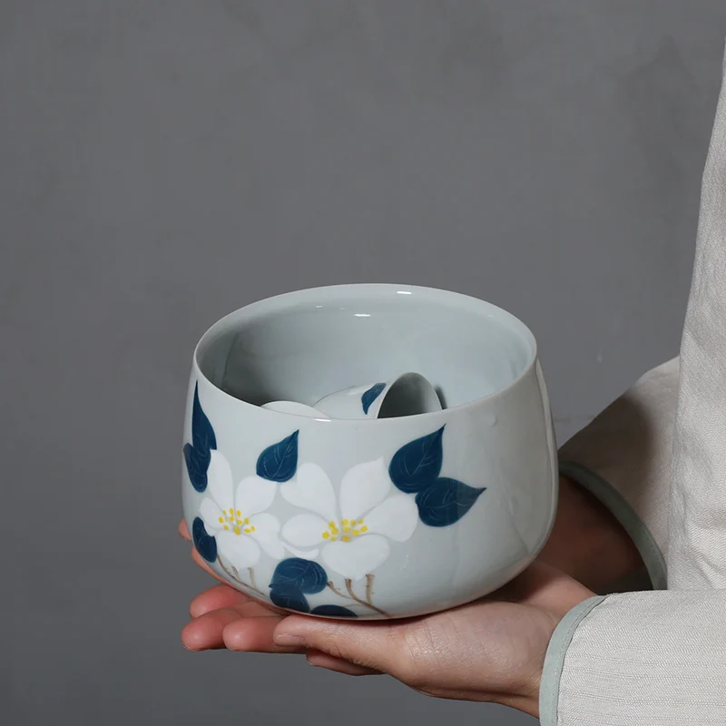 

PINNY 800ML Hand Painted Camellia Tea Wash Bowls Ceramic Chinese Kung Fu Tea Ceremony Accessories Handmade Tea Service