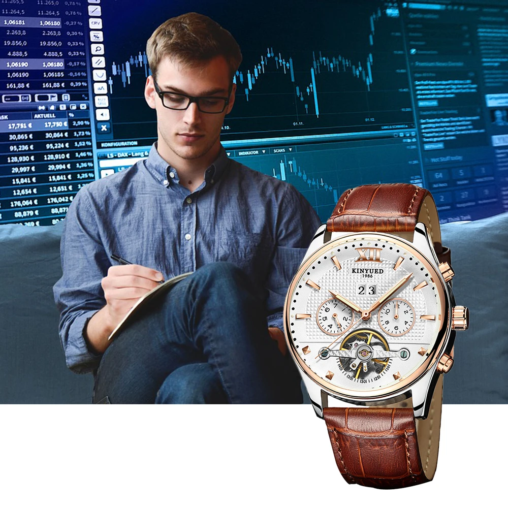 

KINYUED Business Watch 3ATM Water-resistant Automatic Mechanical Men Watches Luminous Genuine Leather Wristwatch Male Relogio