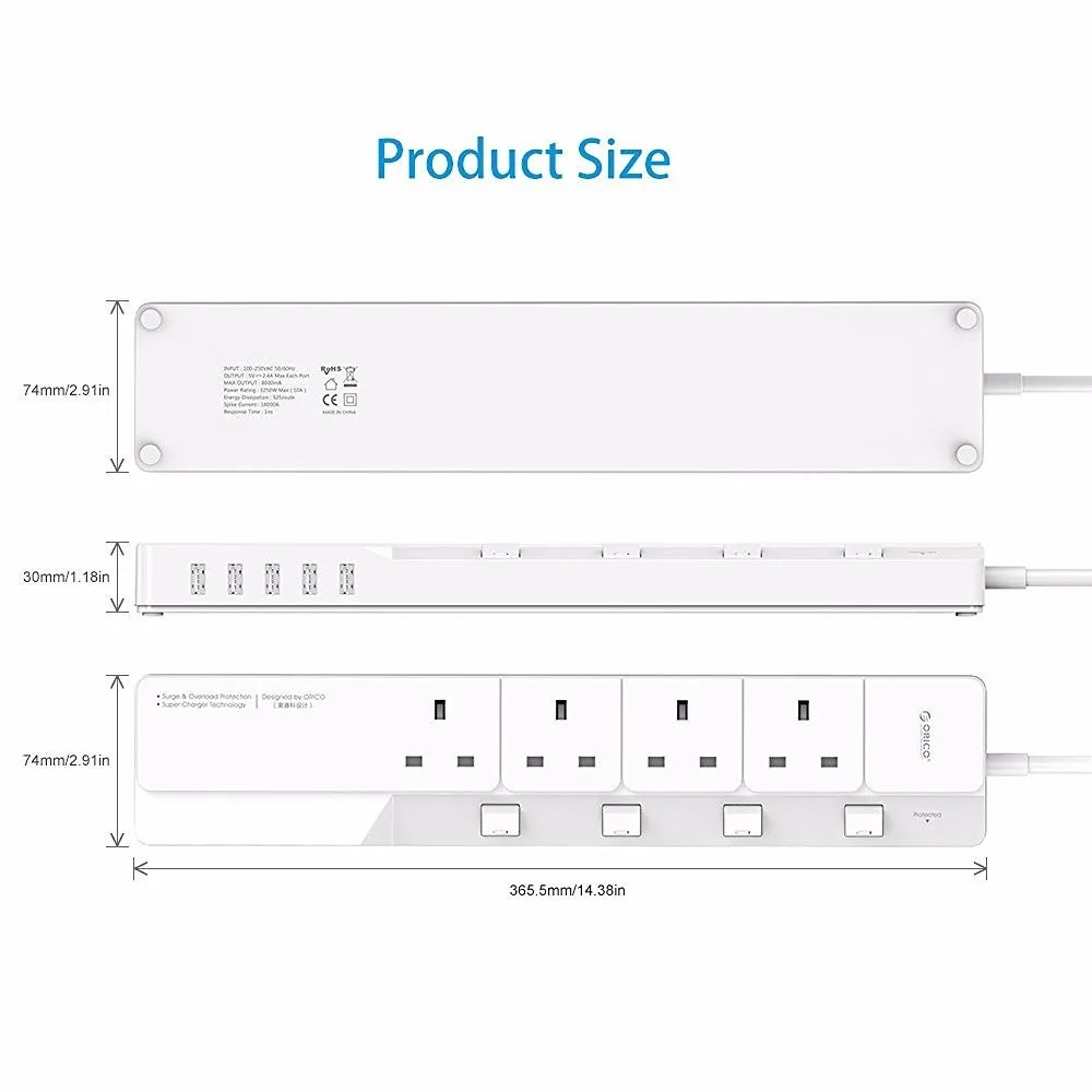 ORICO OSJ-4A5U-UK домашний офис UK Сетевой фильтр с 5 USB зарядным устройством 4 UK AC Plug мульти-розетка дорожные Силовые полосы 5 футов-белый