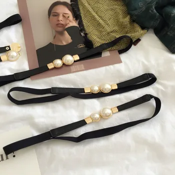 

Vintage Women Pearl Metal Buckle Waistbands Korean Elegant Thin Elastic Strap Waist Belts Dress Decoration Elastic Cummerbunds