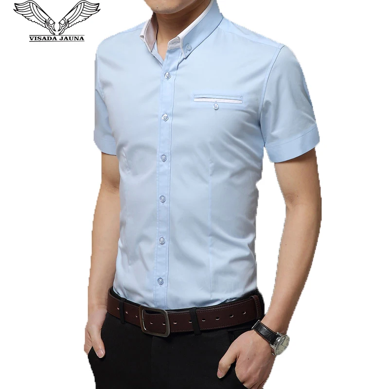 

VISADA JAUNA Mens Casual Shirt Summer New Brand Solid Short Sleeve Fit Slim Male Shirt Cotton Thin Camisas Social Masculina N955