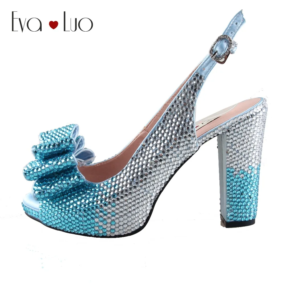 

CHS959 DHL Custom Made Power Blue Crystal Bow Slingbacks Block Heel Women Shoes High Heels Dress Pumps Bridal Wedding Shoes