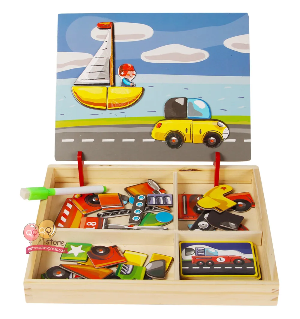 N-Tsi деревянные детские развивающие игрушки сцена Магнитные пазлы игровой набор мольберт сухое стирание доска забавные многоразовые наклейки для детей подарок