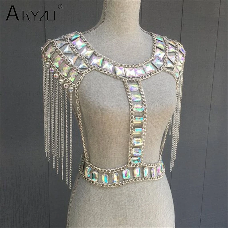 womens white suit set AKYZO Crazy Crystal Sequin Women 2 Piece Sets Funny Festival Outfits Handmade Patchwork Metal Tassel Chain Crop Top Women's Set plus size suits for women