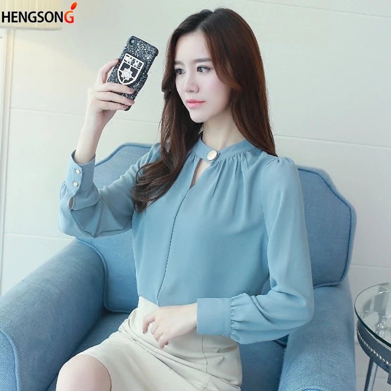HENGSONG Шифоновая блузка 2018 Новый Для женщин топы с длинным рукавом v-образным
