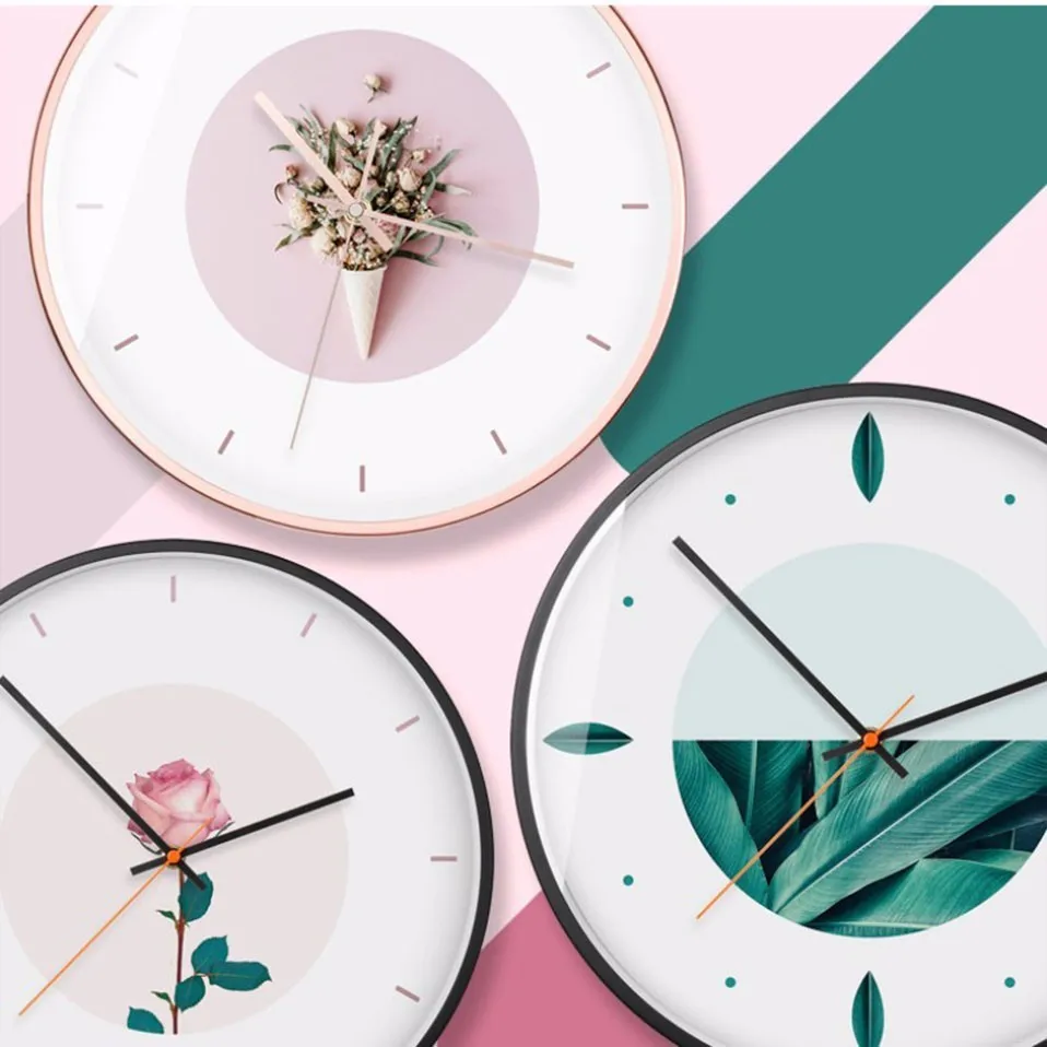 Новые 3D настенные часы INS розовые скандинавские минималистичные часы большого размера зеленые растения розы бесшумные механические настенные часы современный дизайн для дома